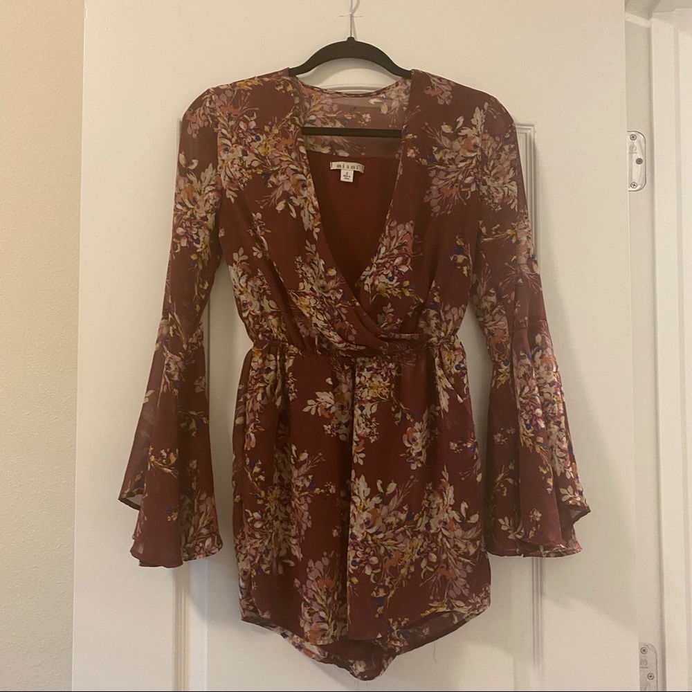 Bell Sleeve Floral Romper with Pockets